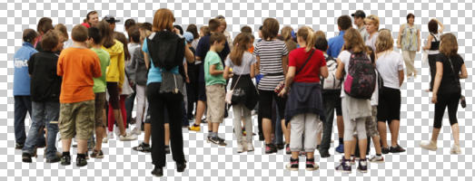 back, cutout, cutout groups, cutout people, day, diffuse, diffused light, eye level view, group, school children, standing, summer