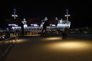 artificial lighting, decking, England, eye level view, London, night, outdoor lighting, square, stadium, summer, The United Kingdom