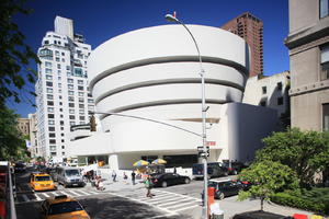 building, car, crossing, day, elevated, facade, Guggenheim Museum, Manhattan, New York, people, standing, street, summer, sunny, taxi, The United States, tree, vegetation, walking