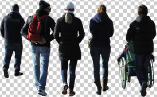 back, casual, cutout, cutout groups, cutout people, day, disabled, eye level view, hat, people, sunny, walking, winter