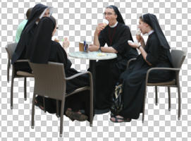 cafe, chair, cutout, cutout furniture, cutout groups, cutout people, day, diffuse, diffused light, eating, eye level view, furniture, group, nun, sitting, summer