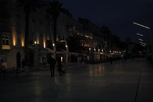 artificial lighting, cafe, Croatia, eye level view, night, outdoor lighting, pavement, Split, Splitsko-Dalmatinska, winter