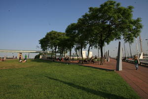 Barcelona, Cataluña, day, eye level view, grass, group, marina, people, sitting, Spain, summer, sunny, tree, walking