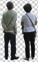 asian, back, casual, couple, cutout, cutout couples, cutout people, day, diffuse, diffused light, eye level view, standing, summer