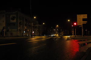 artificial lighting, city lights, eye level view, Kalisz, night, outdoor lighting, Poland, street, urban, wet, Wielkopolskie, winter