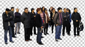 ambient light, asian, cutout, cutout groups, cutout people, day, eye level view, front, group, natural light, people, standing, winter