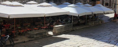 cafe, Croatia, day, elevated, furniture, pavement, Splitsko-Dalmatinska, summer, sunny, umbrella