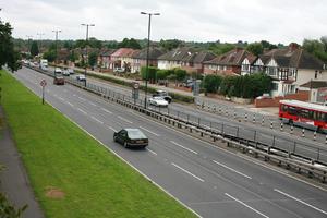 bus, car, day, elevated, England, grass, guardrail, London, natural light, road, The United Kingdom, vegetation