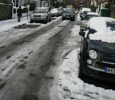 ambient light, car, day, diffuse, diffused light, England, eye level view, London, natural light, snow, street, The United Kingdom, winter