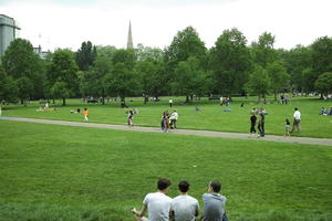 black, day, England, eye level view, grass, Hyde Park, London, overcast, park, people, sitting, spring, The United Kingdom, tree, treeline, vegetation