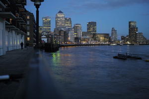 ambient light, artificial lighting, building, city, city, city lights, cityscape, England, eye level view, London, river, riverbank, The United Kingdom, waterfront, winter