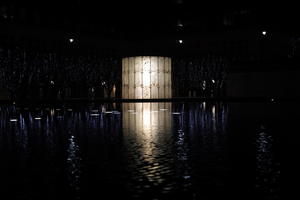 artificial lighting, city, England, eye level view, London, night, pavilion, pond, The United Kingdom, winter