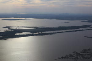 aerial view, coastline, dusk, Manhattan, New York, The United States