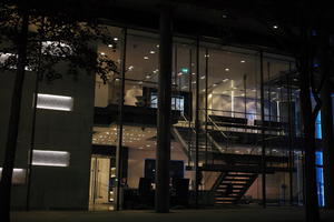 artificial lighting, building, England, eye level view, lobby, London, night, office, spring, The United Kingdom, urban