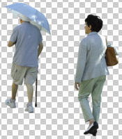 back, casual, caucasian, couple, cutout, cutout couples, cutout people, day, elderly, eye level view, summer, sunny, umbrella, walking