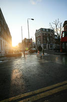 day, dusk, England, eye level view, London, natural light, pavement, street, sunset, The United Kingdom, winter