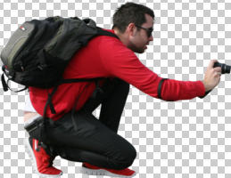 cameraman, close-up, cutout men, kneeling, lowered, square