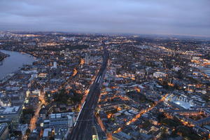 aerial view, artificial lighting, city, city lights, diffuse, diffused light, England, evening, London, railway, The United Kingdom, urban, winter