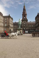 bell-tower, building, carriage, Copenhagen , day, Denmark, eye level view, horse, Kobenhavn, square, sunny, winter