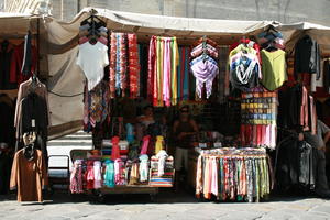 clothing, day, eye level view, Florence, Italia , market, natural light, stall, street, summer, sunlight, sunny, sunshine, Toscana, vendor