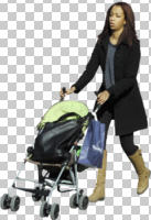 black and minority ethnic, casual, cutout, cutout people, cutout women, day, eye level view, female, pushchair, pushing, sunny, three-quarter, walking, winter, woman