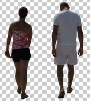 back, casual, caucasian, couple, cutout, cutout couples, cutout people, day, eye level view, summer, sunny, walking