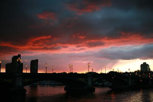 architecture, dusk, England, eye level view, London, overcast, river, silhouette, sky, sunset, The United Kingdom