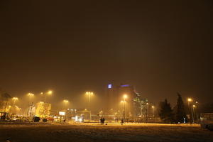 artificial lighting, eye level view, night, Poland, Poznan, snow, street, Wielkopolskie