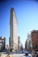 3-point perspective, building, car, crossing, day, eye level view, facade, Flatiron building, Manhattan, New York, skyscraper, street, sunny, The United States