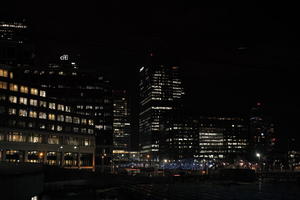 artificial lighting, building, building-site, city, city, city lights, cityscape, England, eye level view, London, night, The United Kingdom, tower, winter