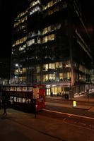 artificial lighting, bus, elevated, England, facade, glass, London, night, office, office building, outdoor lighting, street, The United Kingdom, winter