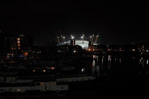 artificial lighting, barge, boat, city, city, city lights, cityscape, England, eye level view, London, night, O2 Arena London, The United Kingdom, winter