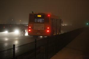 artificial lighting, Bergamo, bus, car, eye level view, fog, Italia , Lombardia, night, road, winter