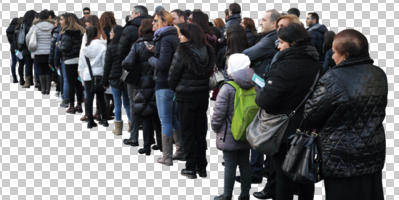 autumn, caucasian, cutout, cutout groups, cutout people, day, diffuse, diffused light, eye level view, group, people, queuing, standing