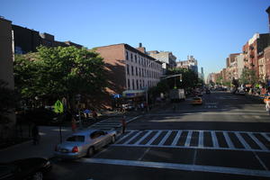 building, car, crossing, day, elevated, Manhattan, New York, street, sunny, The United States, tree, vegetation