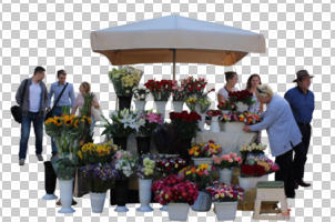 casual, cutout, cutout groups, cutout people, day, eye level view, flower, group, natural light, people, stall, stand, standing, umbrella