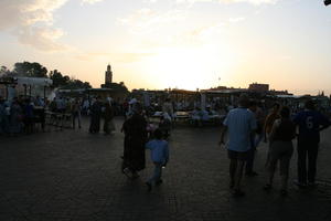 autumn, dusk, eye level view, group, market, Marrakech, Marrakesh, middleastern, Morocco, people, square