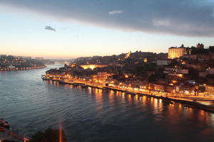 artificial lighting, cityscape, diffuse, diffused light, dusk, elevated, evening, Porto, Porto, Portugal, river, spring, urban