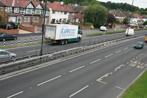 bus, car, day, elevated, England, grass, guardrail, London, natural light, road, The United Kingdom, truck, vegetation