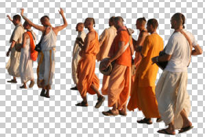 cutout, cutout groups, cutout people, day, eye level view, group, monk, side, summer, sunny, walking