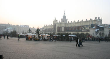 architecture, building, dusk, eye level view, Krakow, Malopolskie, plaza, Poland, winter