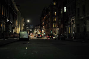 artificial lighting, car, city lights, England, eye level view, London, night, outdoor lighting, street, The United Kingdom