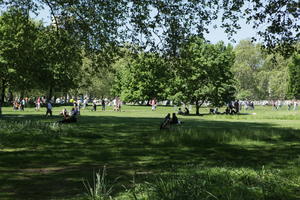 day, England, eye level view, grass, greenery, group, London, park, people, picnicking, shady, sitting, spring, sunny, The United Kingdom