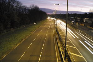 artificial lighting, car, car lights, city lights, elevated, England, evening, lamppost, London, outdoor lighting, road, The United Kingdom, traffic, urban, winter