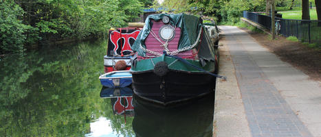 boat, canal, day, England, eye level view, London, path, spring, sunny, The United Kingdom