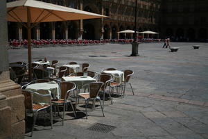 cafe, Castilla y Leon, chair, day, eye level view, plaza, Salamanca, Spain, summer, sunlight, sunny, sunshine, table