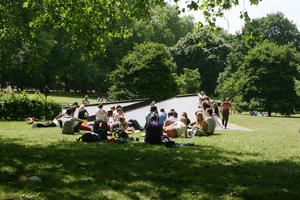 broad-leaf tree, broad-leaved tree, casual, day, England, eye level view, grass, group, London, park, people, shady, sitting, summer, sunny, The United Kingdom, tree