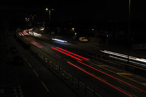 artificial lighting, car lights, city lights, elevated, England, evening, London, night, outdoor lighting, road, The United Kingdom, urban, winter