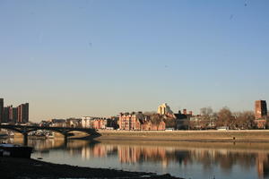 afternoon, bridge, building, clear, day, England, eye level view, London, natural light, residential, river, sky, The United Kingdom, winter, winter