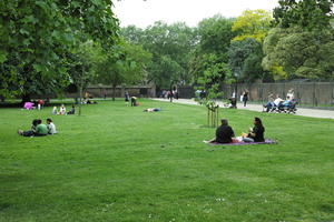 day, England, eye level view, grass, Hyde Park, London, multiracial, overcast, park, people, sitting, spring, The United Kingdom, tree, vegetation